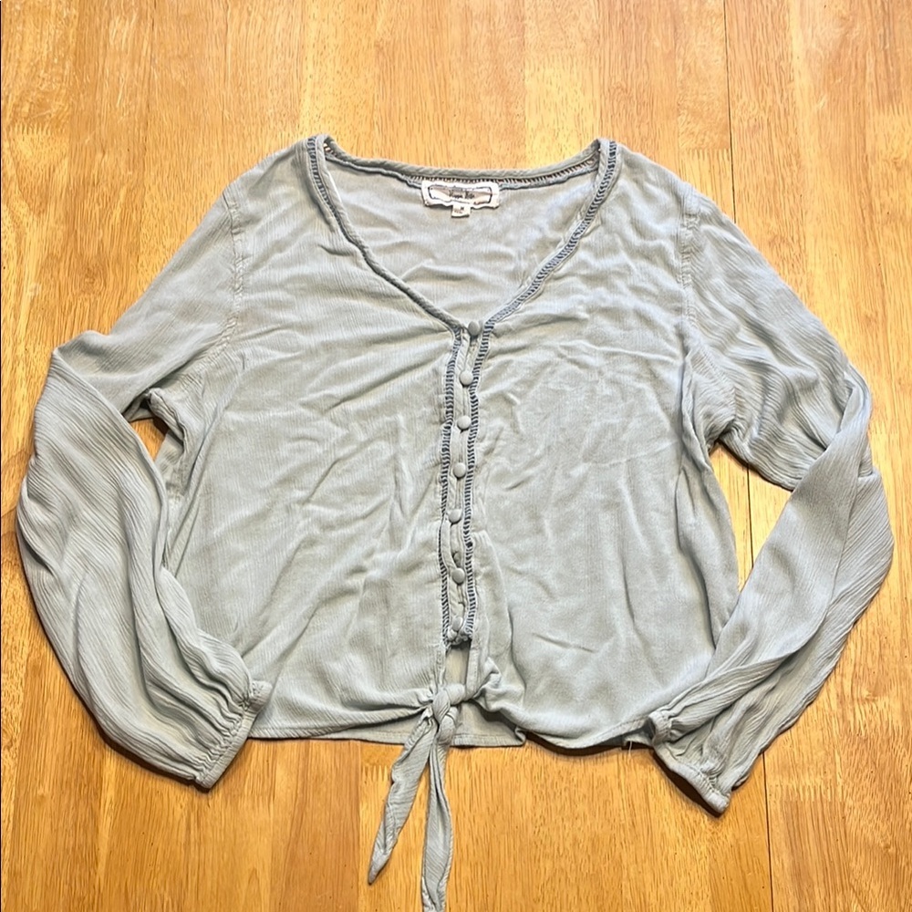 Hippie Rose Gray Long Sleeve Tie Front Blouse